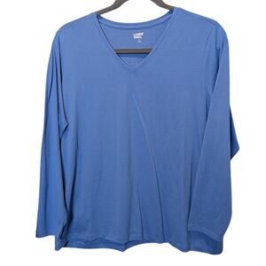 Lands End Women's Plus Sz 2X Blue Long Sleeve Soft Cotton V Neck T-Shirt